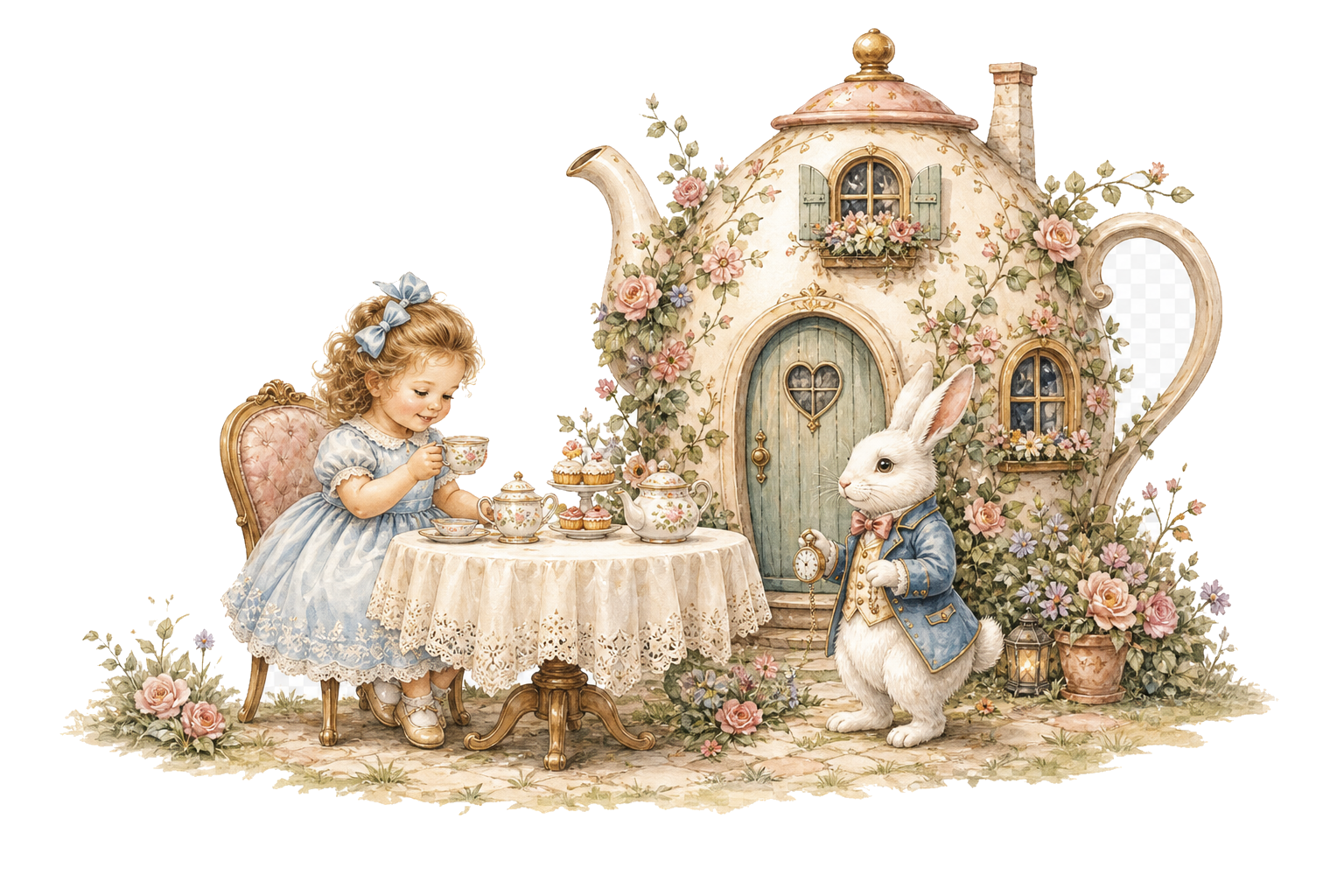 A whimsical tea party scene featuring a little girl, a teapot cottage, and a white rabbit.